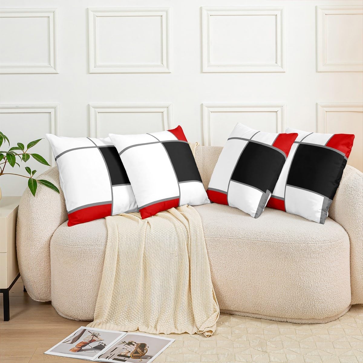 Feelyou Set of 2 Strip Lines Throw Pillow Covers,Abstract Art Cushion Case for Home Living Room Decor,Reversible Geometric Square Red White Black Decorative Throw Cushion Case,24x24 Inches