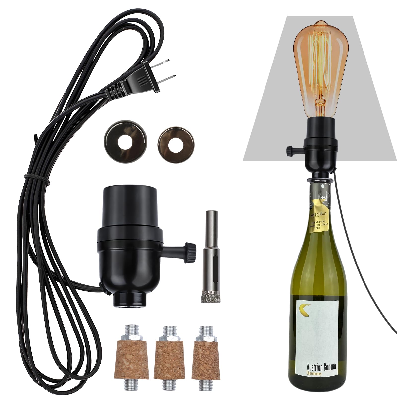 Aokpsrt Bottle Lamp Kit with 9mm Glass Drill bit DIY Lamp Kit for Liquor Bottles with Slip on Socket and 8 Feet Power Cord,No Drilling Required