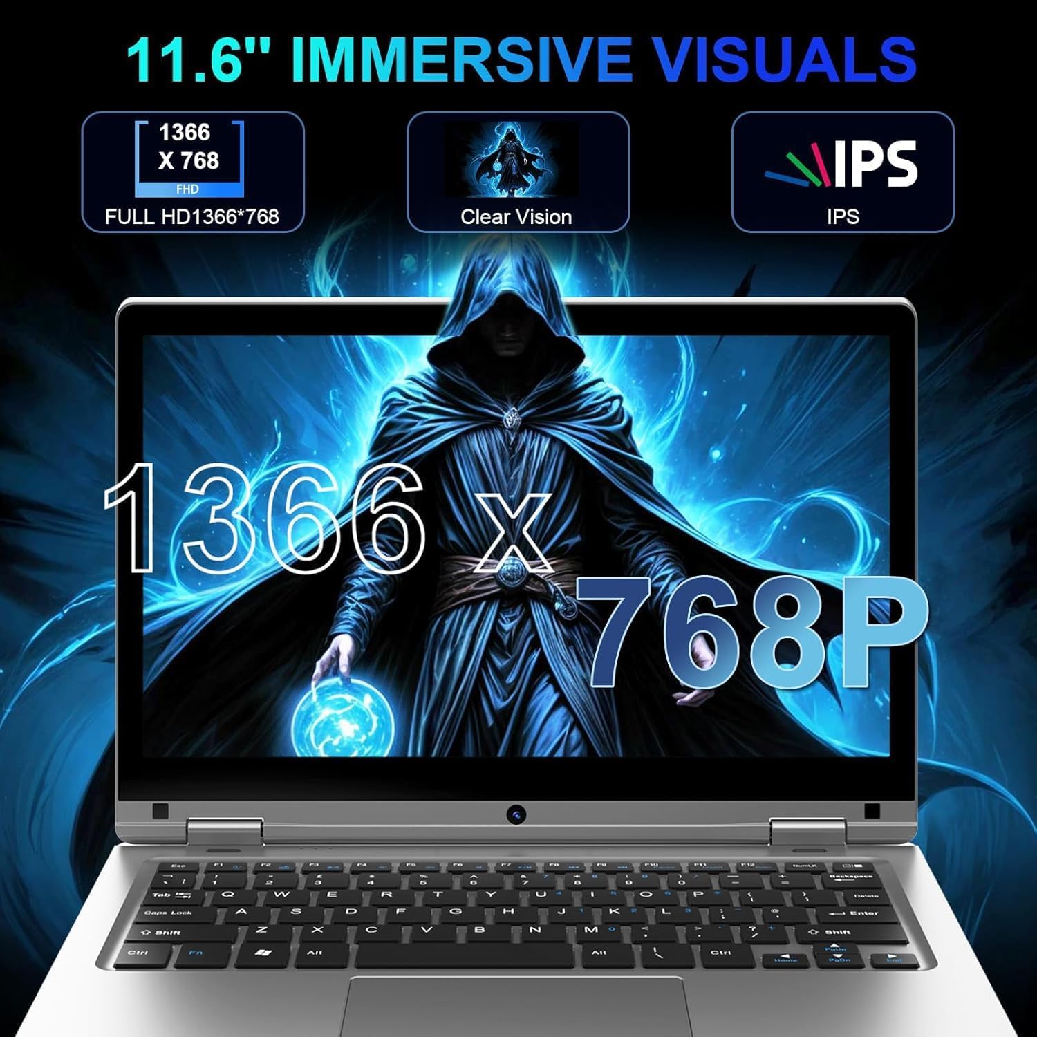 PINSTONE 11,6 Pollici Laptop - Celeron N4020 6 GB di RAM 128 GB di SSD, PC portatile touch pieghevole a 360°, 2,4/5 GHz WiFi, Bluetooth 4.2, W 11P, Mini HDMI, Small Laptop Extension SD - Argento