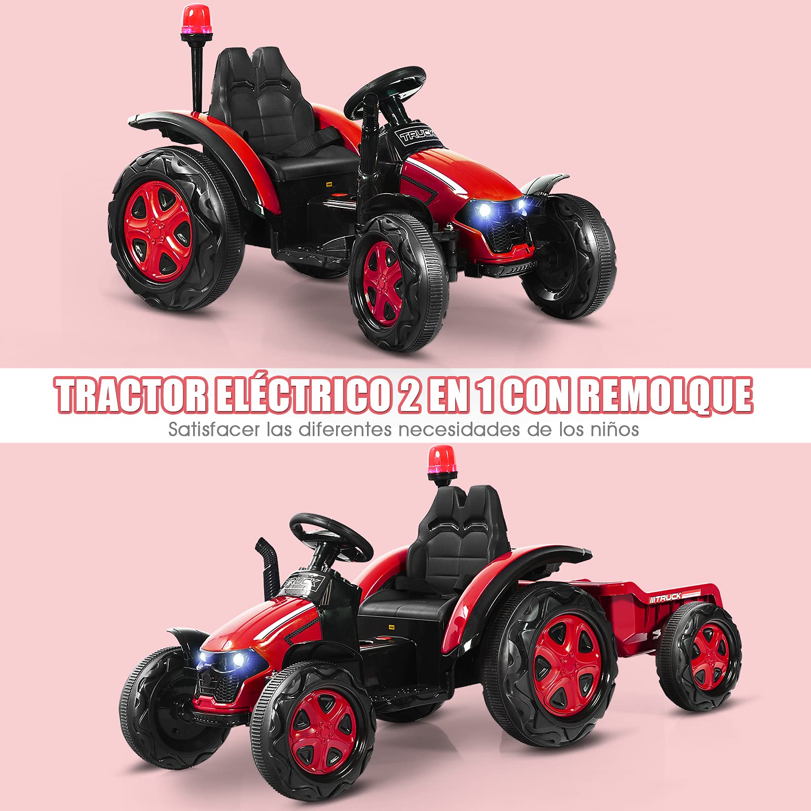 COSTWAY Tractor Eléctrico 12V 7AH para Niños con Remolque, Juguete 3-8 años, Mando 2,4G, Arnés Seguridad 2 Puntos, Faros, Música, USB (Rojo)