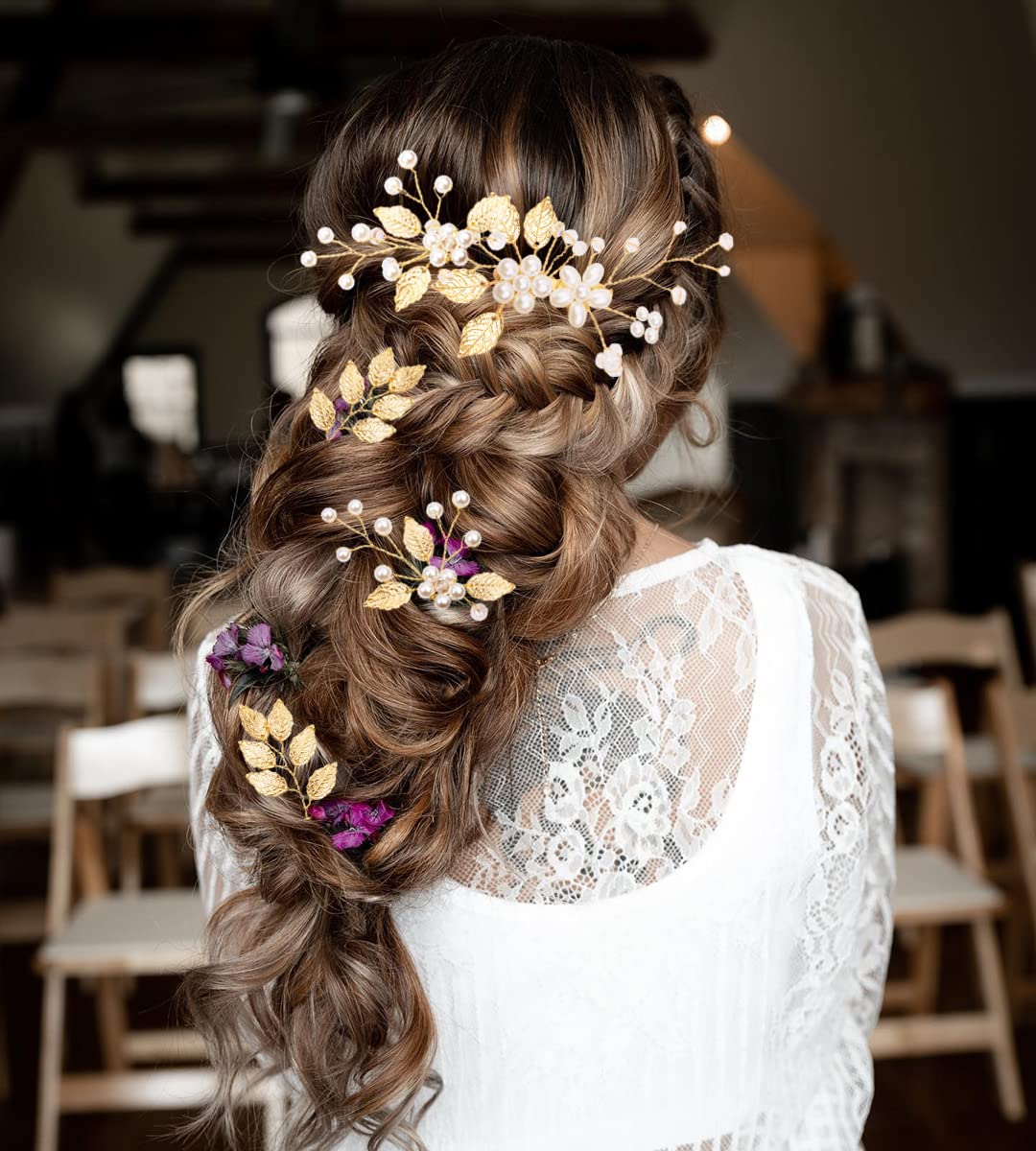 Amazon.com : 5 Pieces Bridal Hair Pins: Gold Leaf Rhinestone  display picture 1