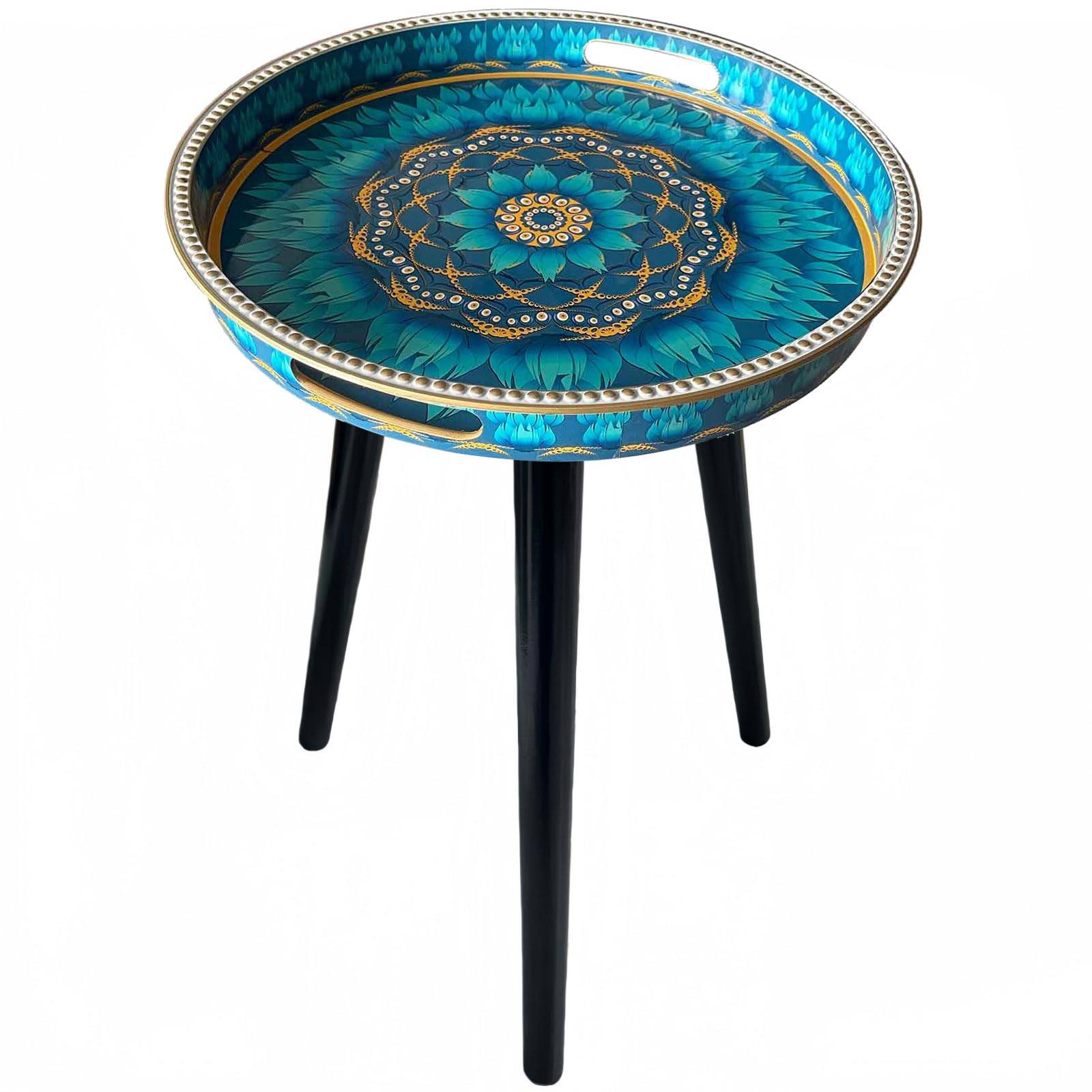 Simmer Stone Round Indoor Side Tables with Detachable Wooden 3 Legs, Versatile Tray Table, Perfect For Round Coffee Table Tea, and Relaxation Time 17.7 Inch (Dot Blue Lotus) — image 1