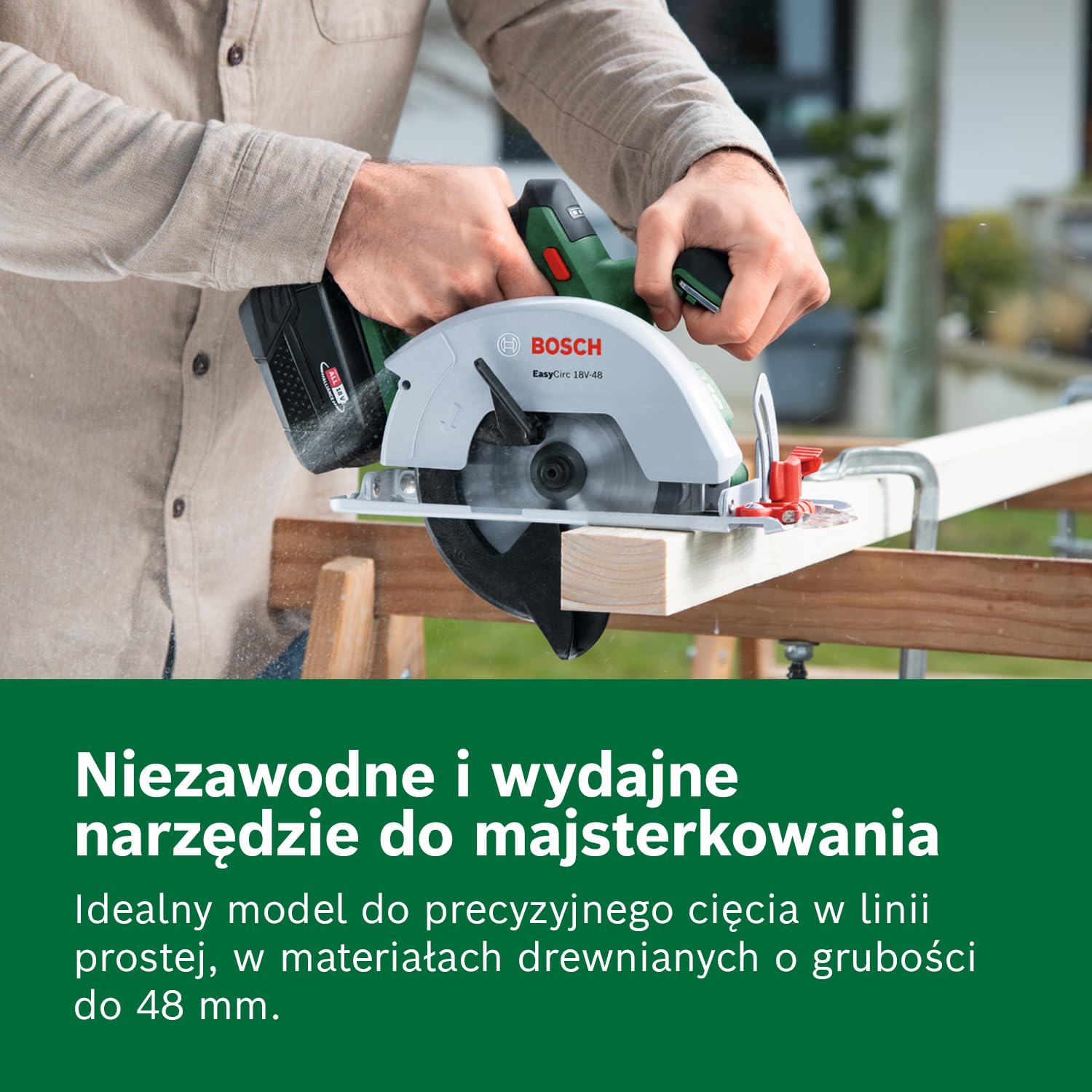 Bosch 18V System Akumulatorowa pilarka tarczowa EasyCirc 18V-48 (cięcie materiałów drewnianych o grubości do 48 mm, adapter do odsysania pyłu, prowadnica równoległa)