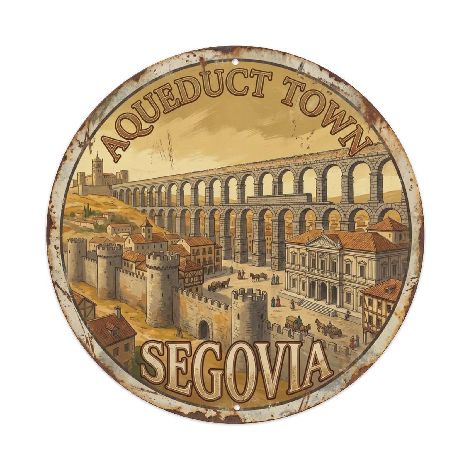 Vintage Travel Aqueduct Town Segovia Metal Tin Sign Plaque Wall Decor for Cafe, Club Bar, Office, Home Garden Round Metal Poster 8x8Inch