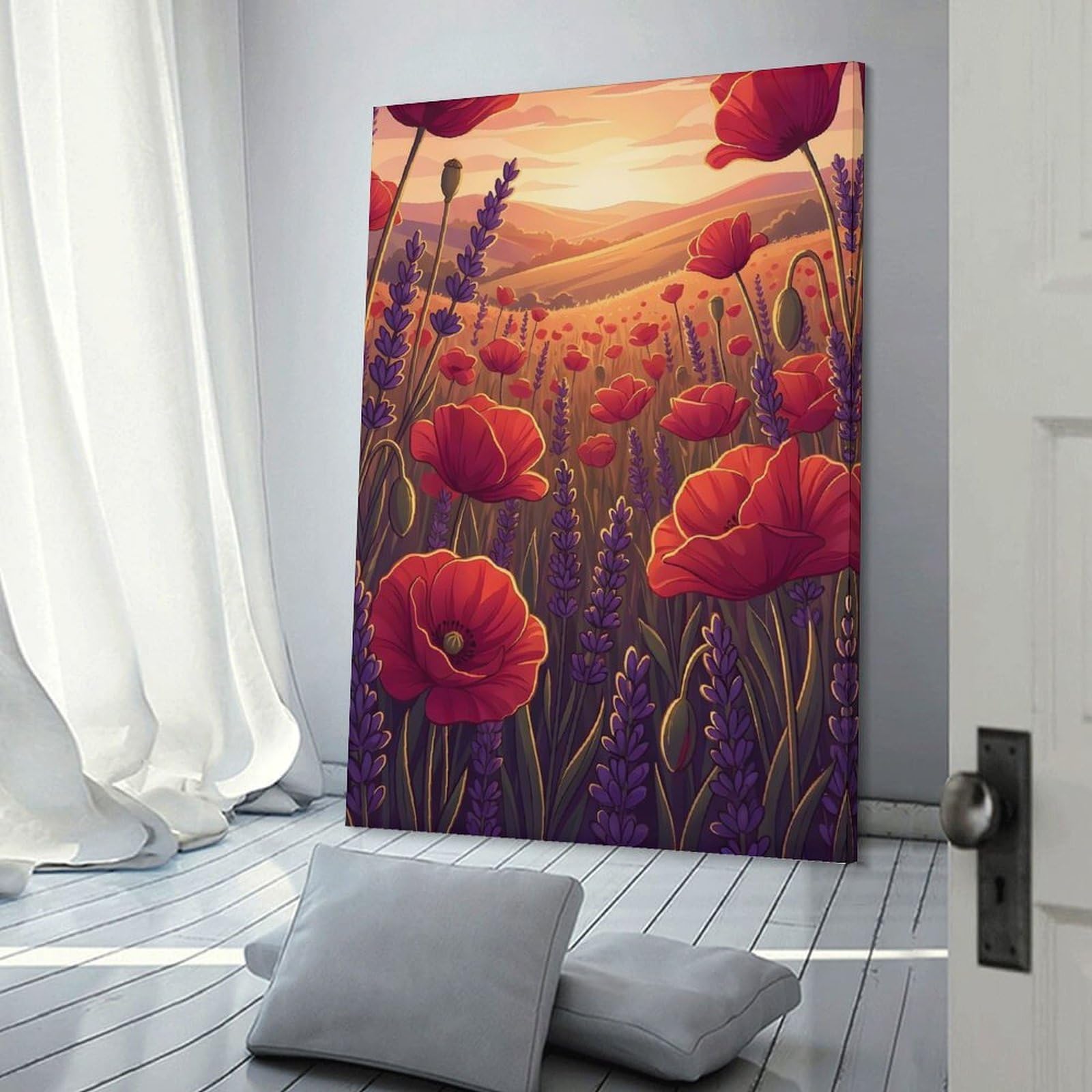 Junmoney Decorative Wall Artwork Poppy And Lavender Field at Sunset, 20x30inch(50x75cm), for Lounge, Bedroom Or Personal Spaces, Gift Idea for Housewarming And Birthdays