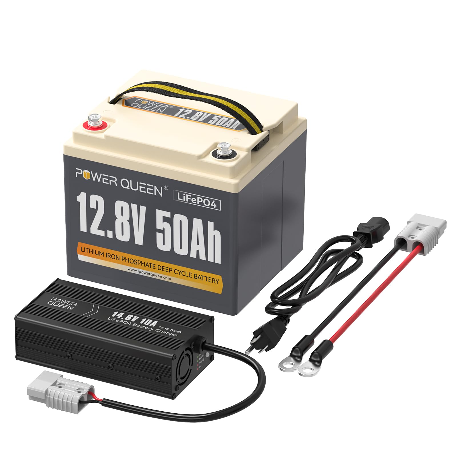 Power Queen 12,8V 50Ah LiFePO4 Akku Lithiumbatterie mit 14.6V 10A LiFePO4 Batterie Ladegerät Konstant Geladen Ideales Paket für Camping Reisemobil Wohnmobil Autarkes System Off-Grid-System