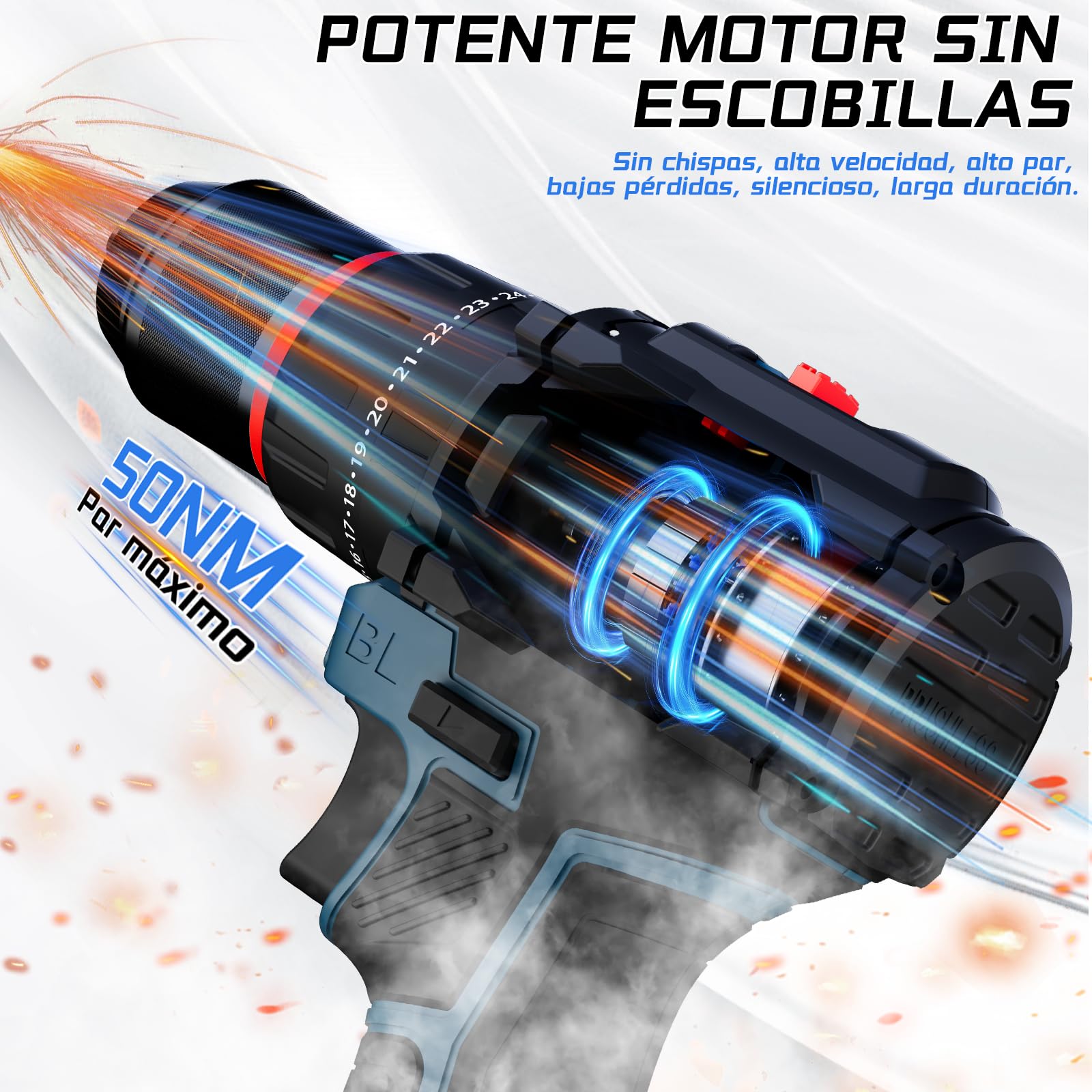 Taladro Percutor a Bateria 21V, Brushless Taladro atornillador batería con 4000mAh Baterías, 50 Nm, 20+3 posiciones de par (2 Velocidad y LED) Adecuado para bricolaje en casa y jardín