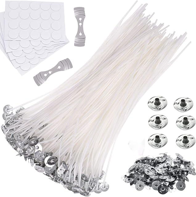 Candle Wicks|100PCS 8 inch Natural Cotton Candle Wick with 100PCS Metal Bases|100PCS Stickers for DIY Craft Candles Making Supplies Kit for Women on Mother's Day, Birthday, Festivals, Wedding, Party