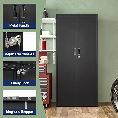 Miniatura 99 de Armario de almacenamiento de metal con puertas con cerradura y 2 estantes ajustables, gabinetes de metal de 71 pulgadas de alto, armarios de garaje,