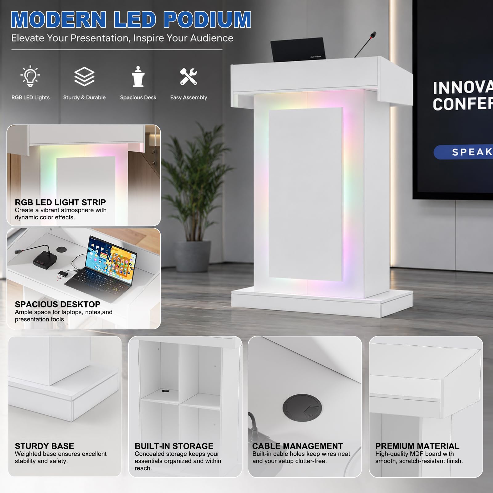 MSFE Atril de pie, mostrador de recepción, podio de madera con luz LED de 16 colores y 4 espacios abiertos, para aulas, aulas, iglesias, seminarios (116,5 x 80 x 40 cm)