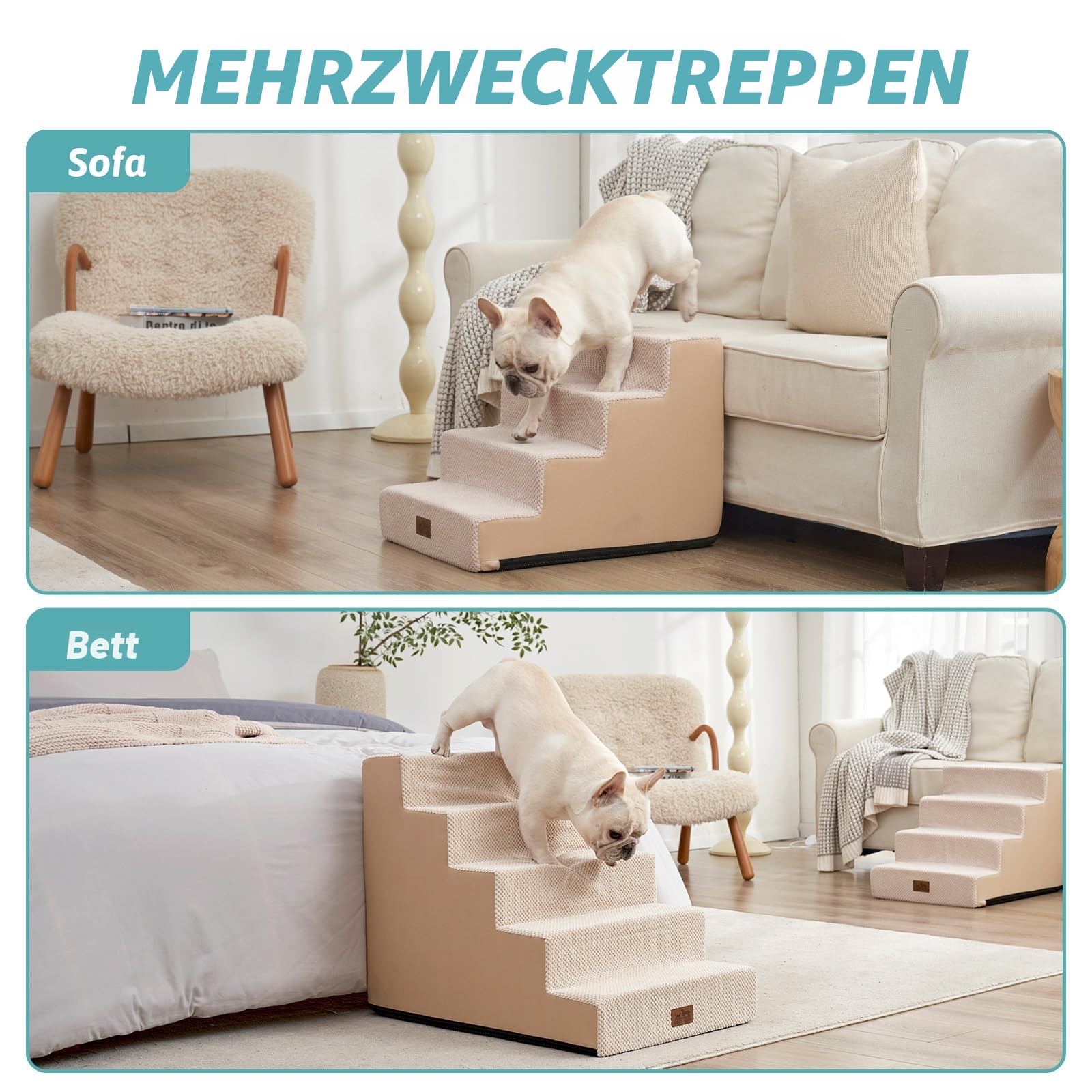 COZY KISS Hundetreppe für Kleine Hunde, 5 Stufen Breiter Haustiertreppe für Bett Couch Auto, 60cm Hoch Hochdichtem Schaumstoff Katzentreppe mit Abnehmbarem Bezug (Beige, 75x50x60cm, 5)
