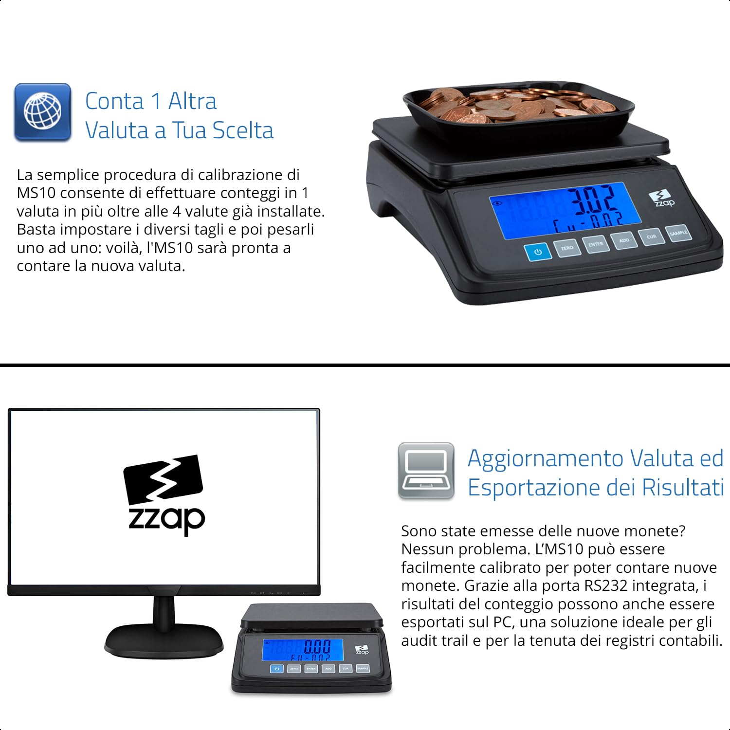 ZZap MS10 Bilancia contamonete - Conta 5 valute e altri articoli, conta 3 kg di monete, display retroilluminato, alimentato a batteria e molto altro!