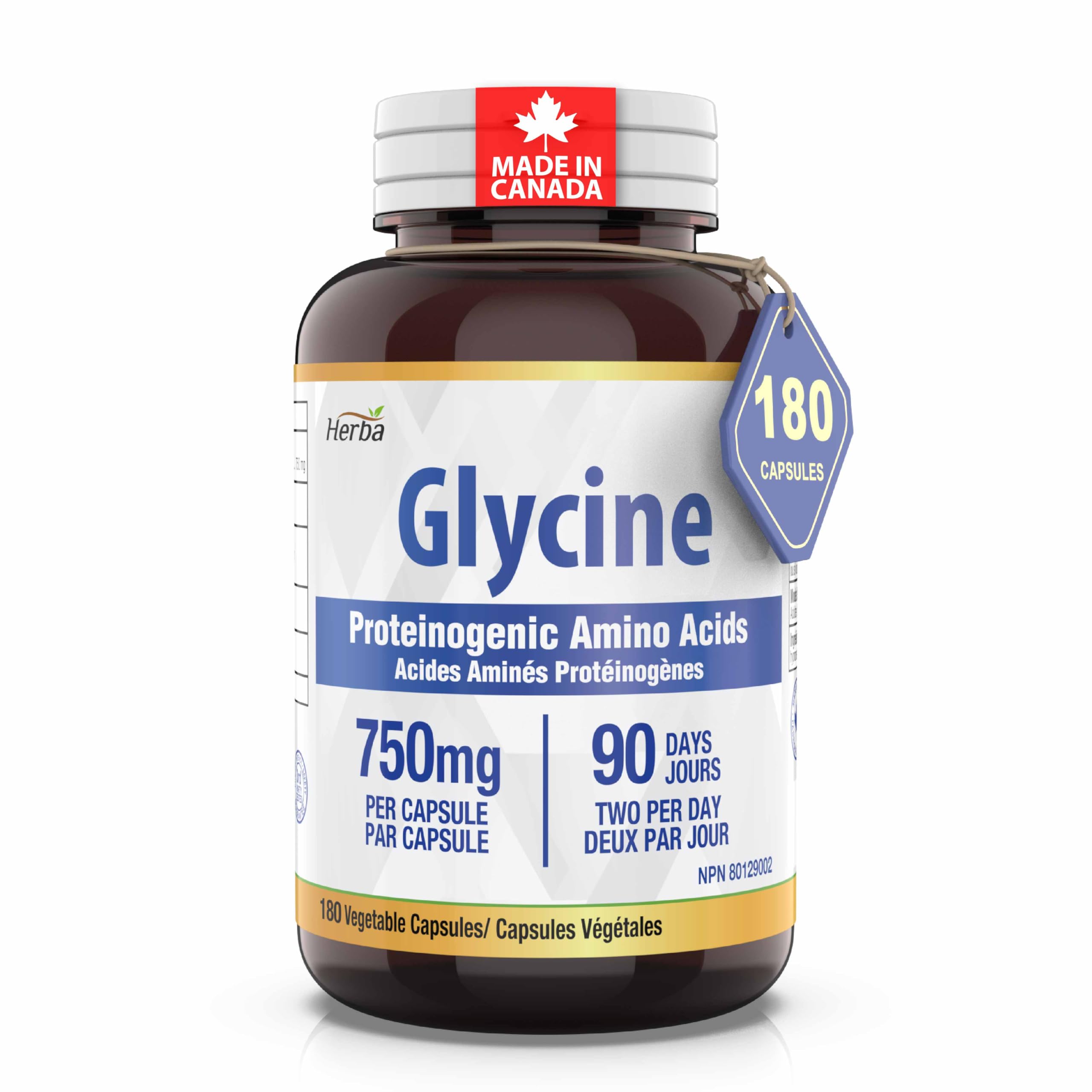 Herba Glycine Supplement 750mg - 180 Capsules | >99% Ultra Pure Glycine Capsules | Free-form Proteinogenic Amino Acids Supplements | Made in Canada