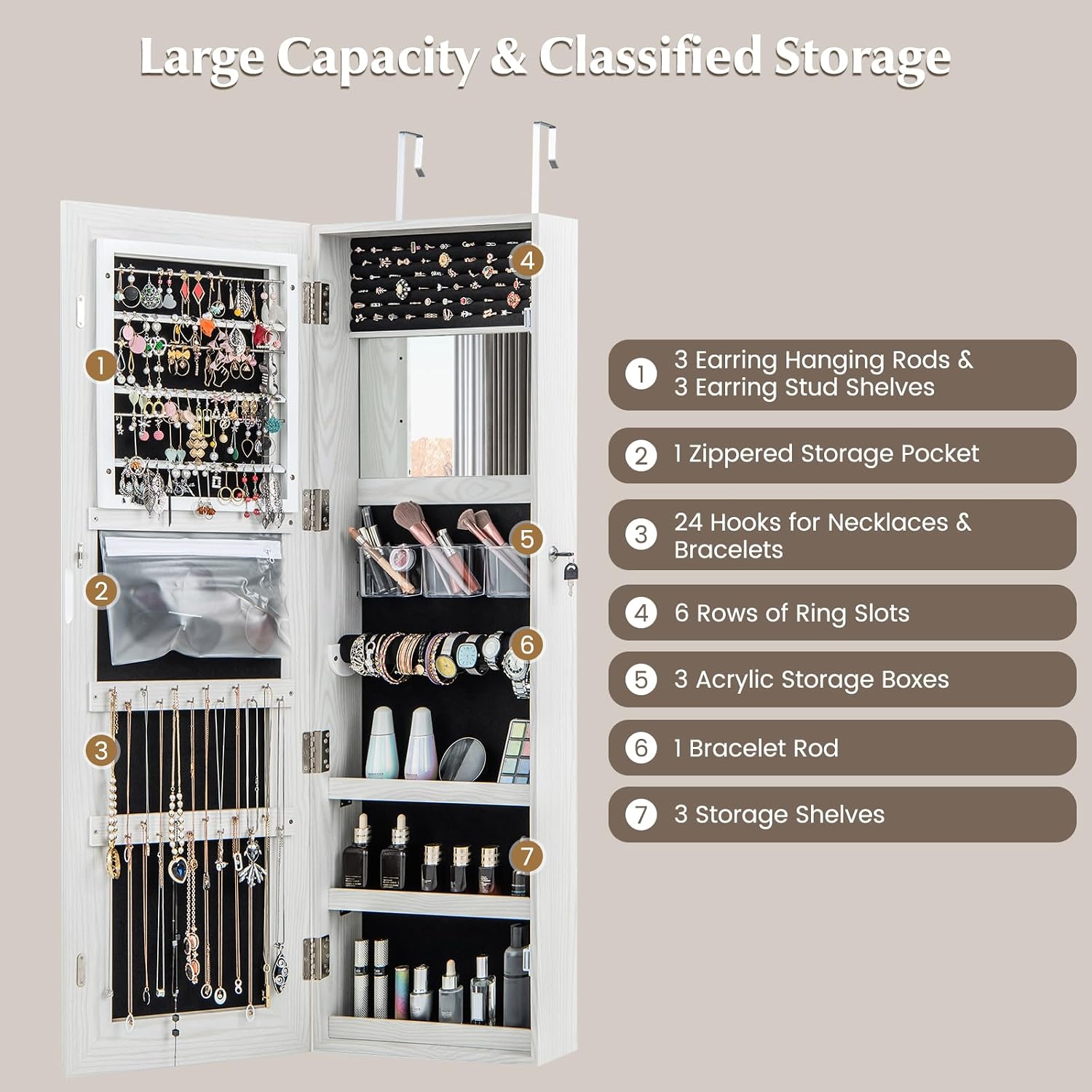 LOKO Jewelry Cabinet with Full Length Mirror, Door Wall Mounted Jewelry Armoire with 3-color LED Lights, Inside Makeup Mirror, Lockable Jewelry Organizer for Women Girls Bedroom (White)