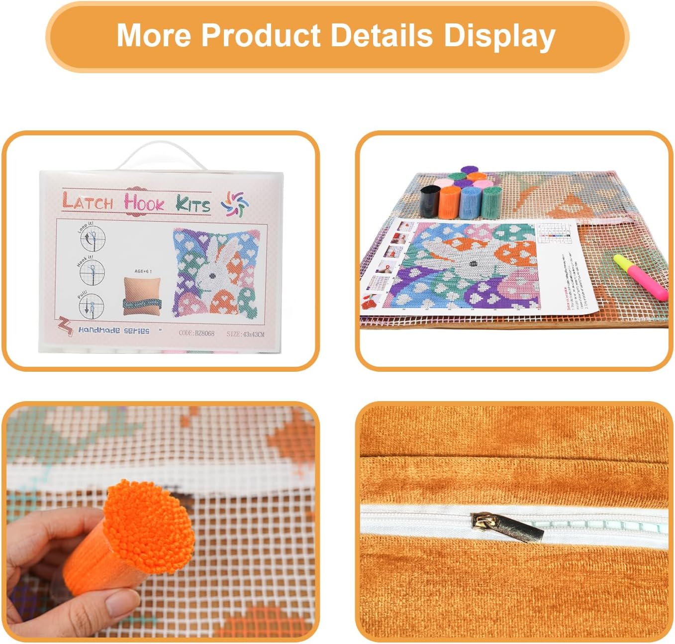 QIONG MENG Latch Hook Kits for Adults, DIY Easter Bunny Rabbit Eggs Pattern Pillow Cover Kit Needlework Cushion Cover Hand Craft Crochet for Home Sofa Decorations 17 x 17 Inch