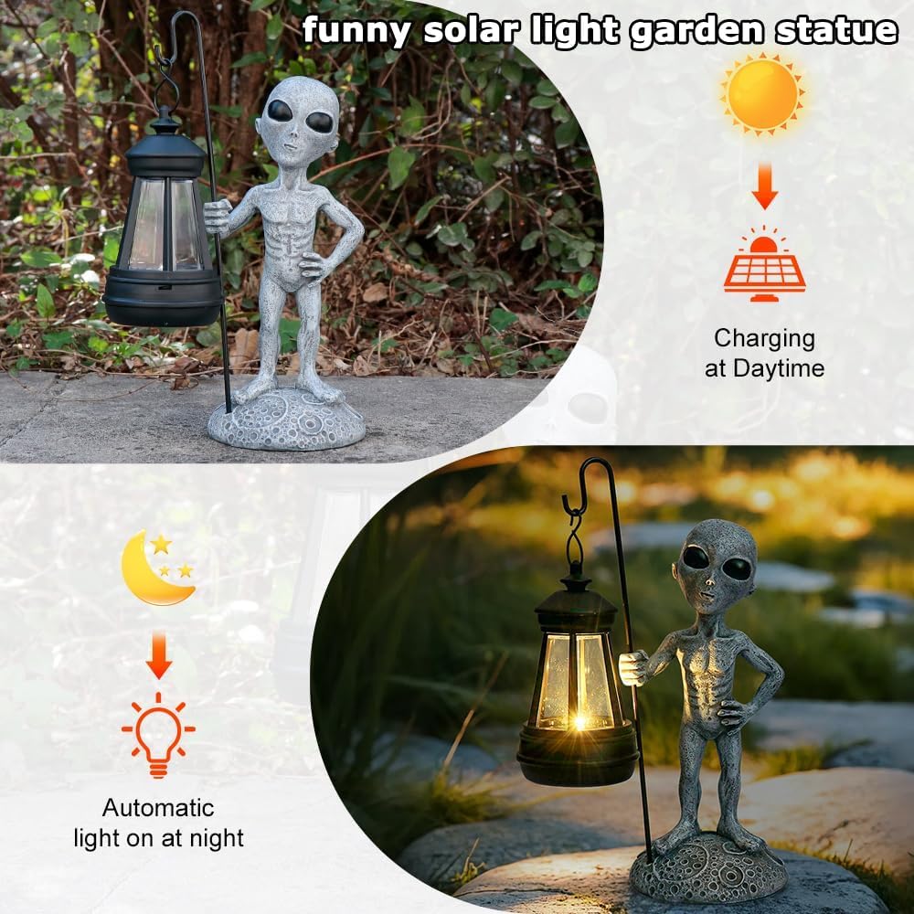 Alien Garden Outdoor Statue, Alien Stand on The Moon with Solar Light for Outdoor Decoration, Alien Garden Figurine & Statue for Front Porch Patio Yard Lawn Decor, Alien Gifts for Women Man