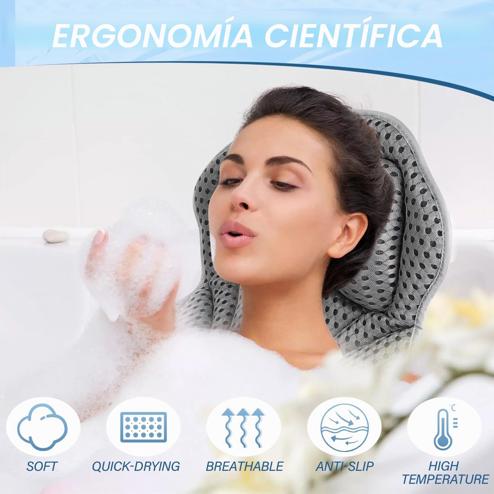 Zikenis Almohada de Baño con 6 Ventosas Antideslizantes, Malla 4D Almohada Bañera para Cuello Ergonómica, Cojin Bañera para Cuello y Espalda, Bañera de Hidromasaje y SPA en Casa