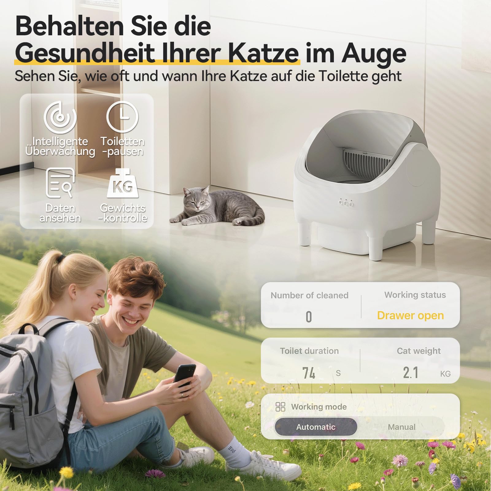 JUMMICO Selbstreiniger Katzenmüllkasten, Top Open Design, XXL Müllschalen für 15 kg Katzen, App Control, 12L 15 Tage dauerhafter Gebrauch, elektrische automatische Müllkasten für Multi Cat
