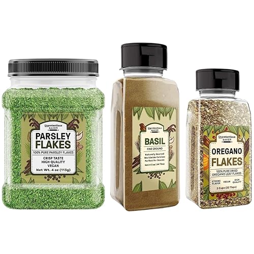 Unpretentious Copos de perejil, albahaca molida y hojuelas de hoja de orégano, varios tamaños, sabores salados, cocina