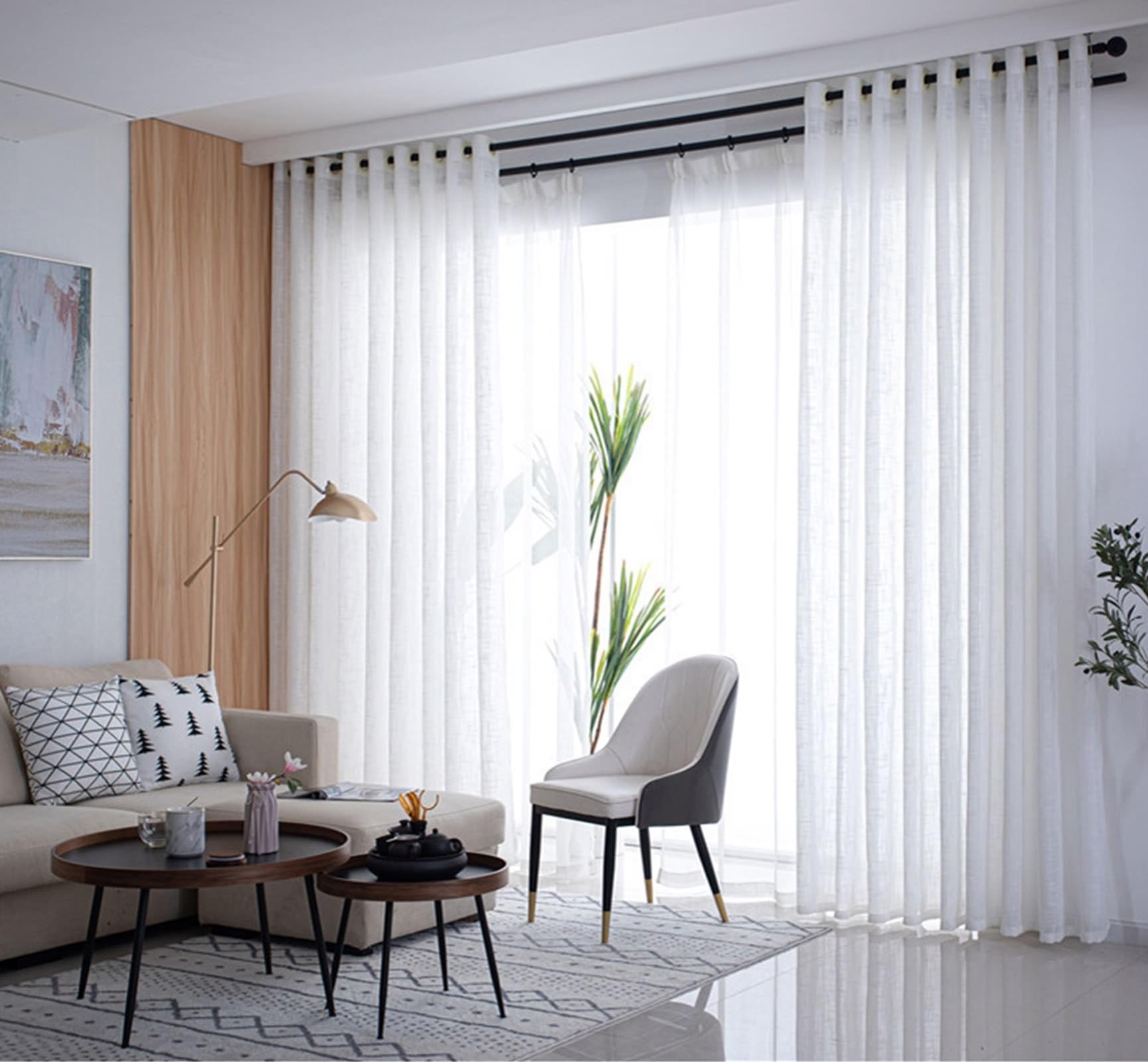Whoiy Window Sheer Curtains Modern 52 Inch Length 2 Panel Set, Cotton Linen Solid Color Dining Room Semi Sheer Curtains Grommet White Drapes 42W x 52L