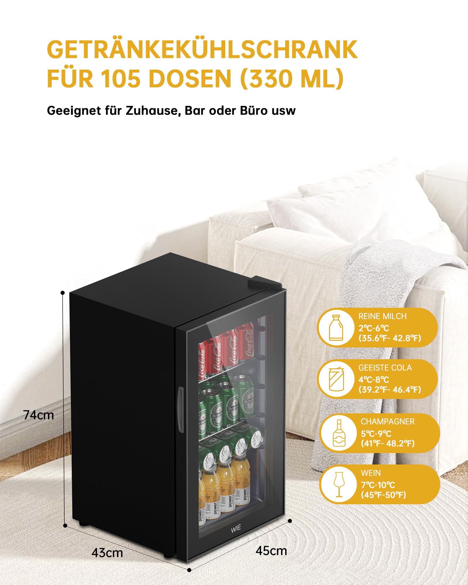 WIE Mini Kühlschrank Getränkekühlschrank 70 Liter mit Doppelte Glastür mit Verstellbaren Ablagen Indoor Outdoor Klein Bierkühlschrank Leise 105 Dosen für Soda/Bier/Wine für Zuhause/Küche/Bar/Büro