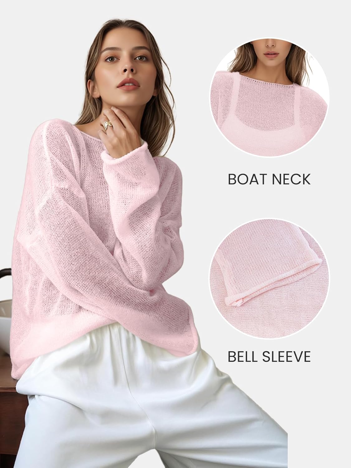 Women's Oversized Sheer Mesh Knit Sweater, Bell Long Sleeve Hollow Out Pullover Tops Trendy Casual Outfits - Image 5