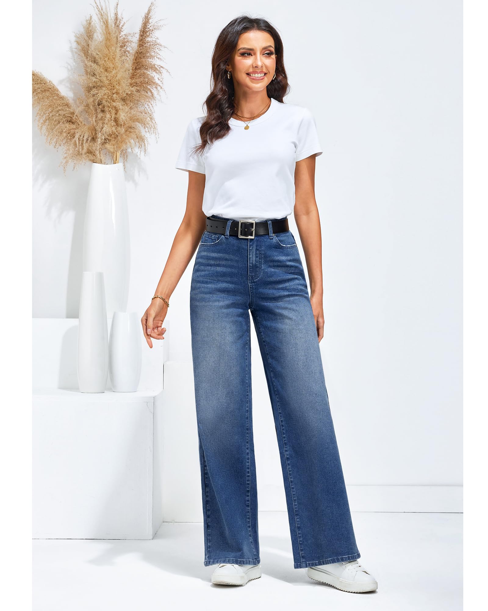 Roskiky Jean large pour femme, avec taille haute et poches, stretch, pantalon baggy années 1990