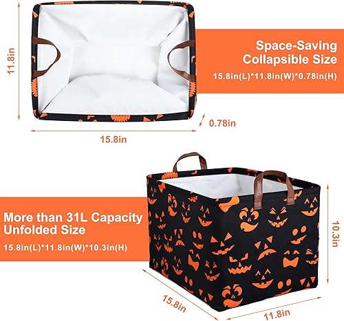 Miniatura 2 de Cesta de almacenamiento plegable con asas de cuero para Halloween, caja de almacenamiento de lona impermeable para armario, juguetes, ropa,