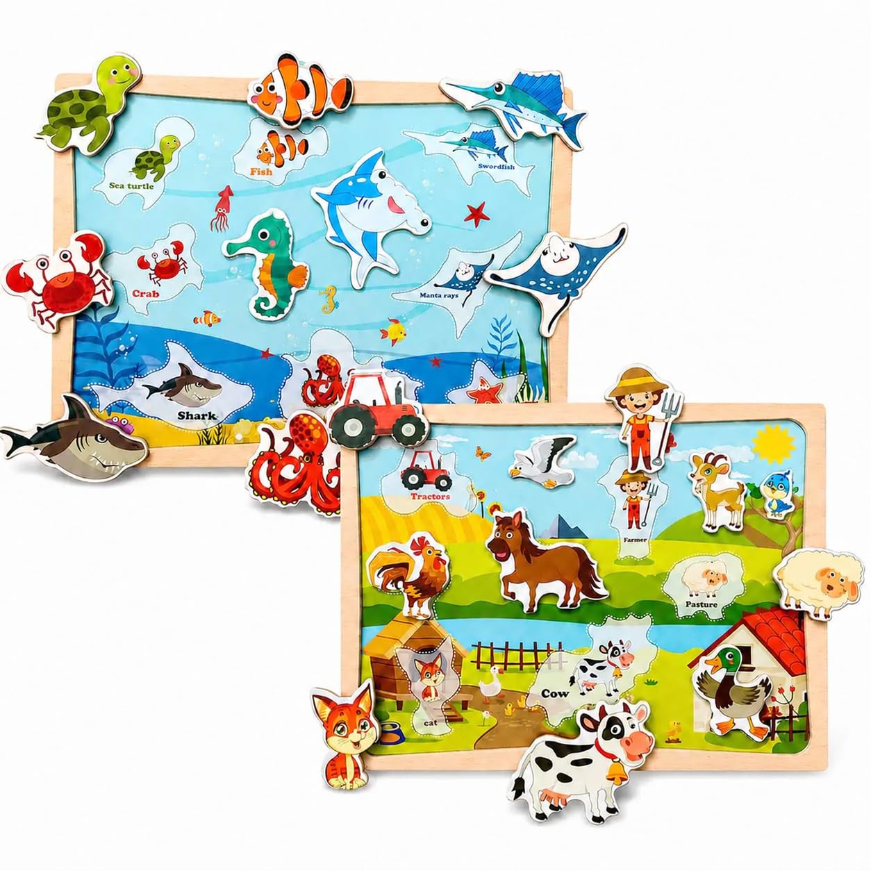 2-in-1 Magnetic Wooden Puzzle & Drawing Board for Toddlers, Farm & Ocean Themes, Montessori Educational Learning Toy with Markers, Fine Motor Skills Gift for Kids for 1-3 Year Olds