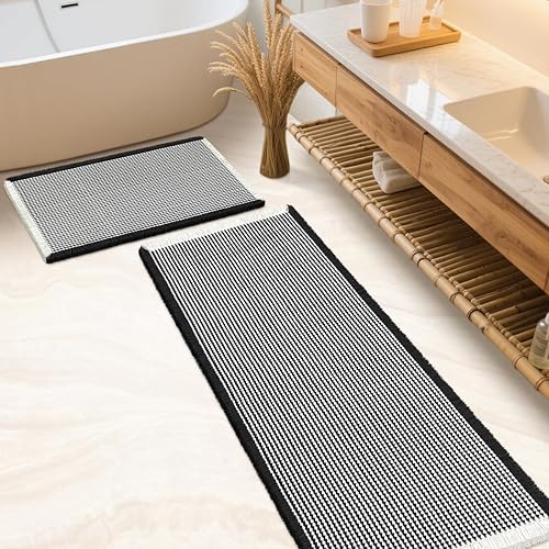 Miniatura 36 de Juego de alfombrilla de baño IM HOME 3 piezas beige, alfombrillas de baño modernas tejidas, alfombrilla de baño antideslizante absorbente,