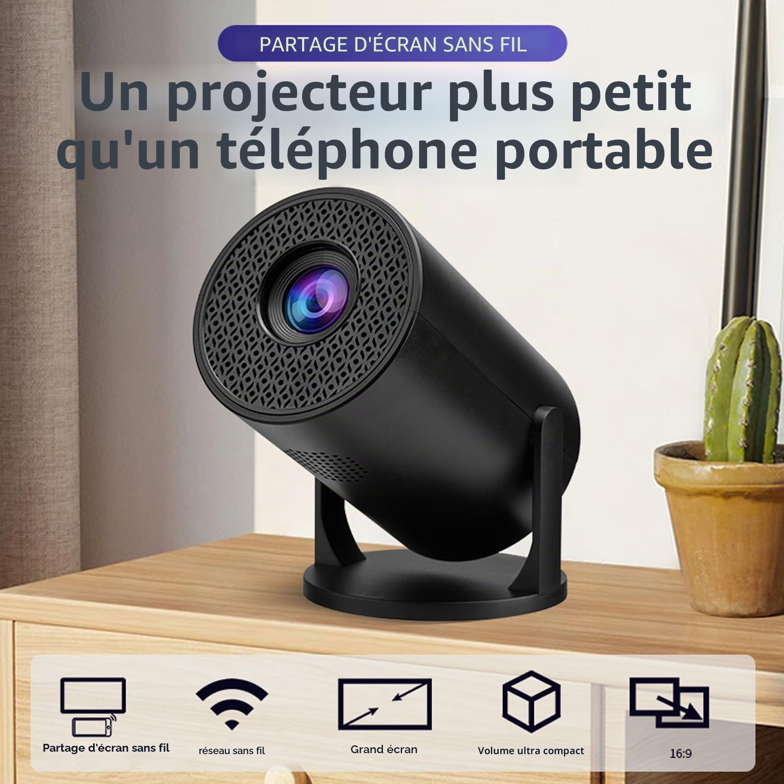 Mini Projecteur avec WiFi, Projecteur Portable 1080P, Projecteur de Cinéma Maison Réglable à 270 Degrés, Vidéoprojecteur HDMI USB TV Sticks