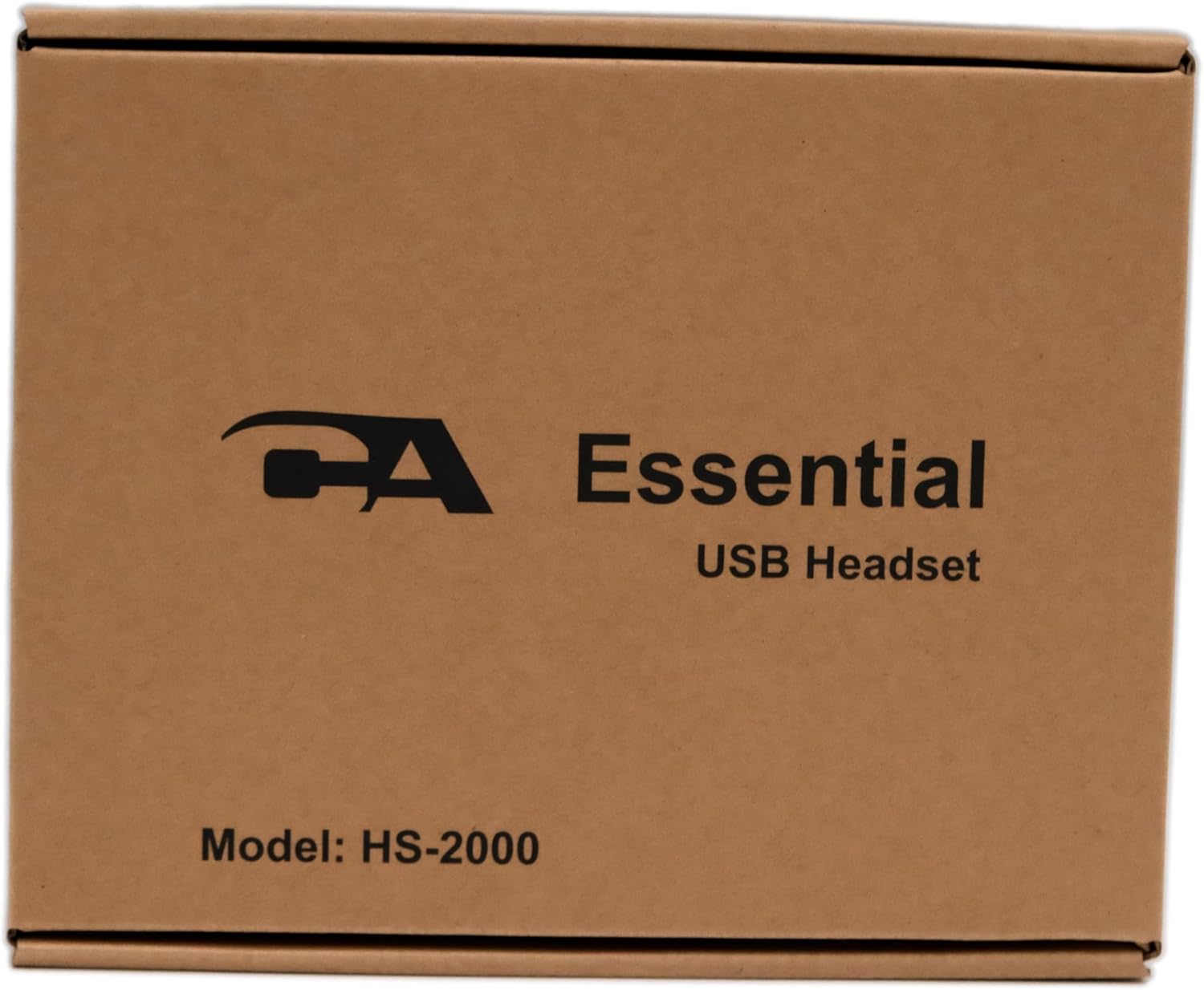 Back view of the Cyber Acoustics CA Essential USB Headset packaging box with contents listed.
