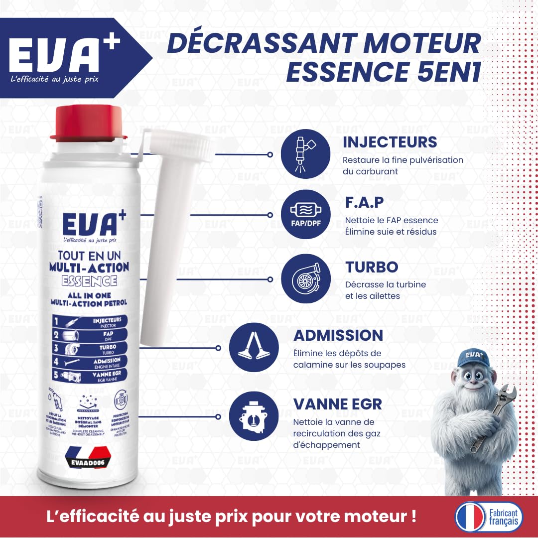Décrassant Essence 5en1 300mL - EVA+ | EVAAD006 | Tout en Un Multi-action Sans Démontage | Nettoie Injecteurs EGR Turbo Catalyseur | Réduit Consommation | Nettoyant & Décalaminant Moteur Diesel