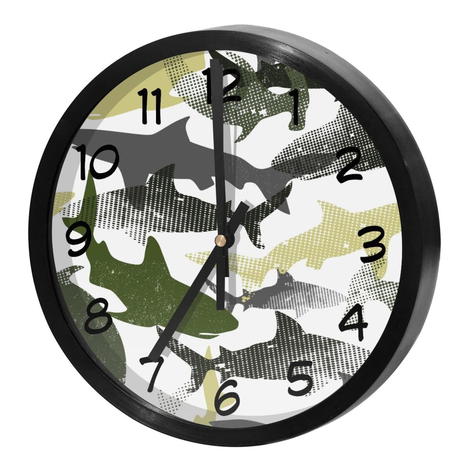 Horloge murale silencieuse ronde à piles pour école et maison motif requin