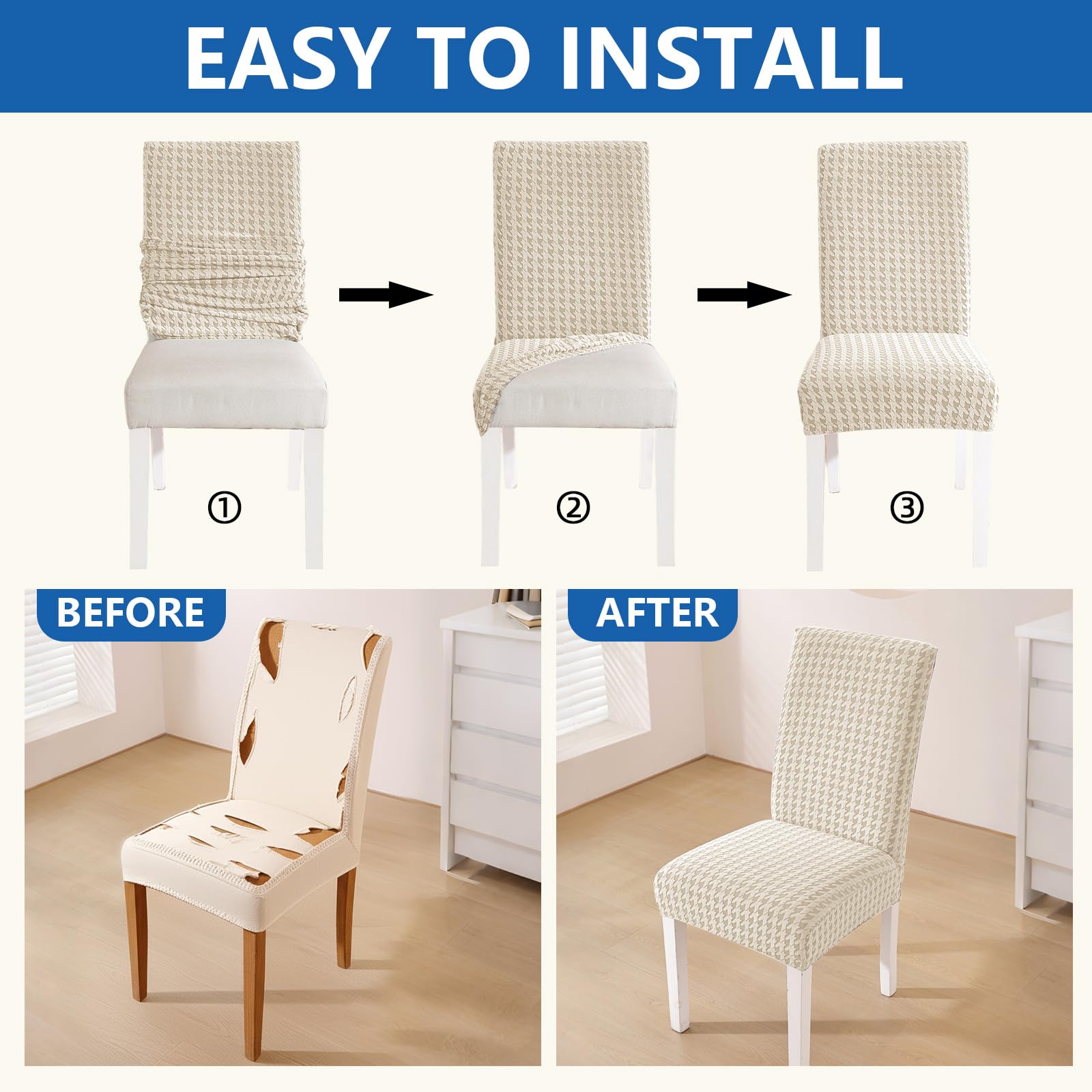 YSTELLAA Coprisedie Con Schienale 4 Pezzi, Elasticizzato Copri Sedie Soggiorno Cucina, Fodere Coprisedie Universale per Sala da Pranzo, Moderno Coprisedia Lavabile Estraibile, Beige