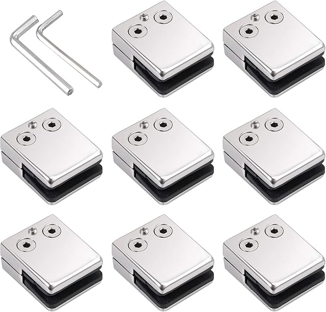 Proster Glass Clamp 9-10mm 8PCS Stainless Steel 304 Glass Clamps Adjustable Glass Bracket Flat Back for Balustrade Staircase Handrail Polished