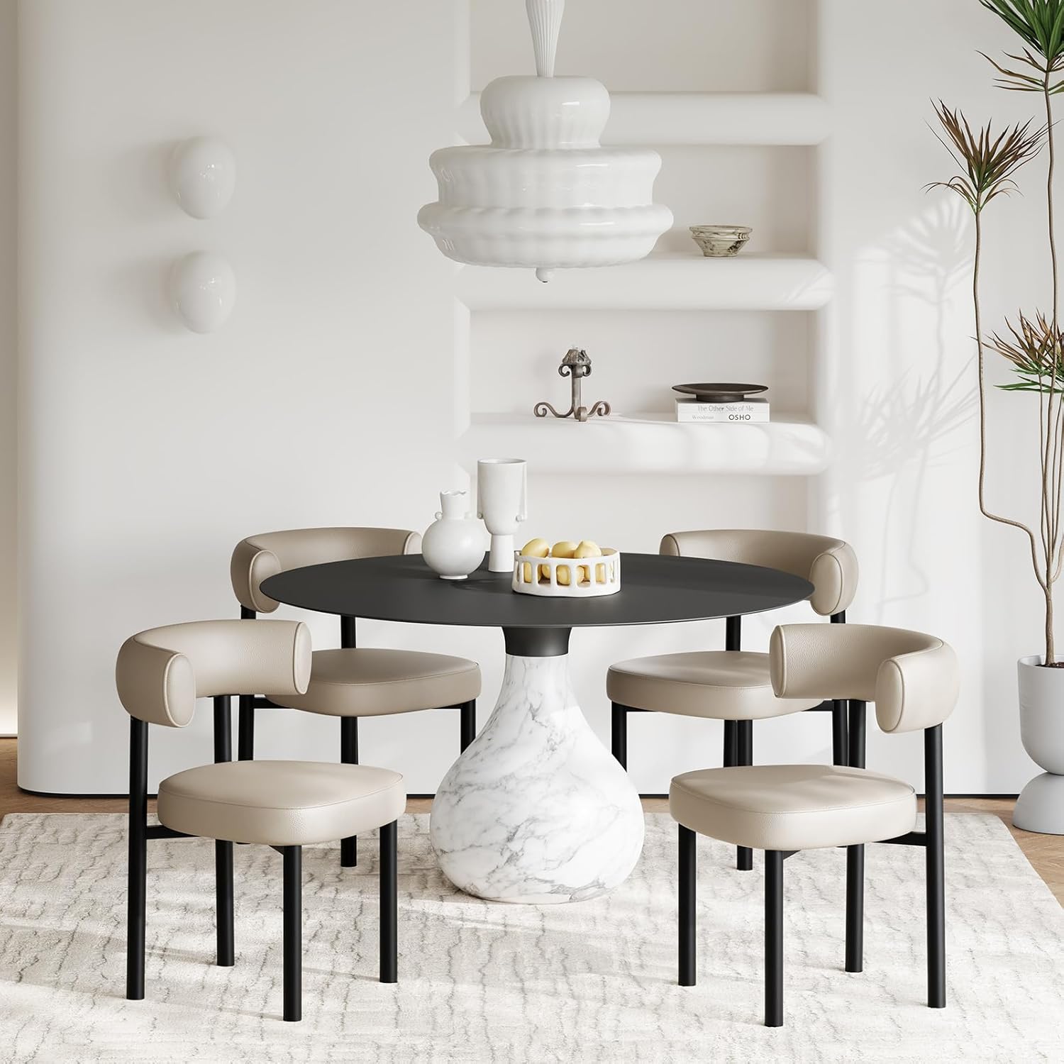 Dining Chairs Set of 4, Mid-Century Dining Room Chairs, Carbon Steel Legs, Textured Leather, Upholstered Seat, Ergonomic Curved Backrest, Modern for Kitchen, Restaurant (Beige-4)