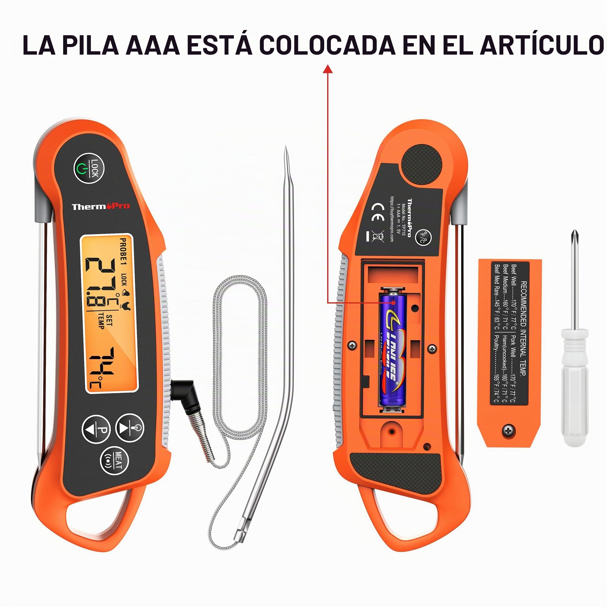 ThermoPro TP710 Termómetro de Cocina de Lectura Instantánea para Alimentos, Termómetro para Carne Impermeable 2 en 1 con Sondas Duales y Pantalla de Temperatura Dual para Horno