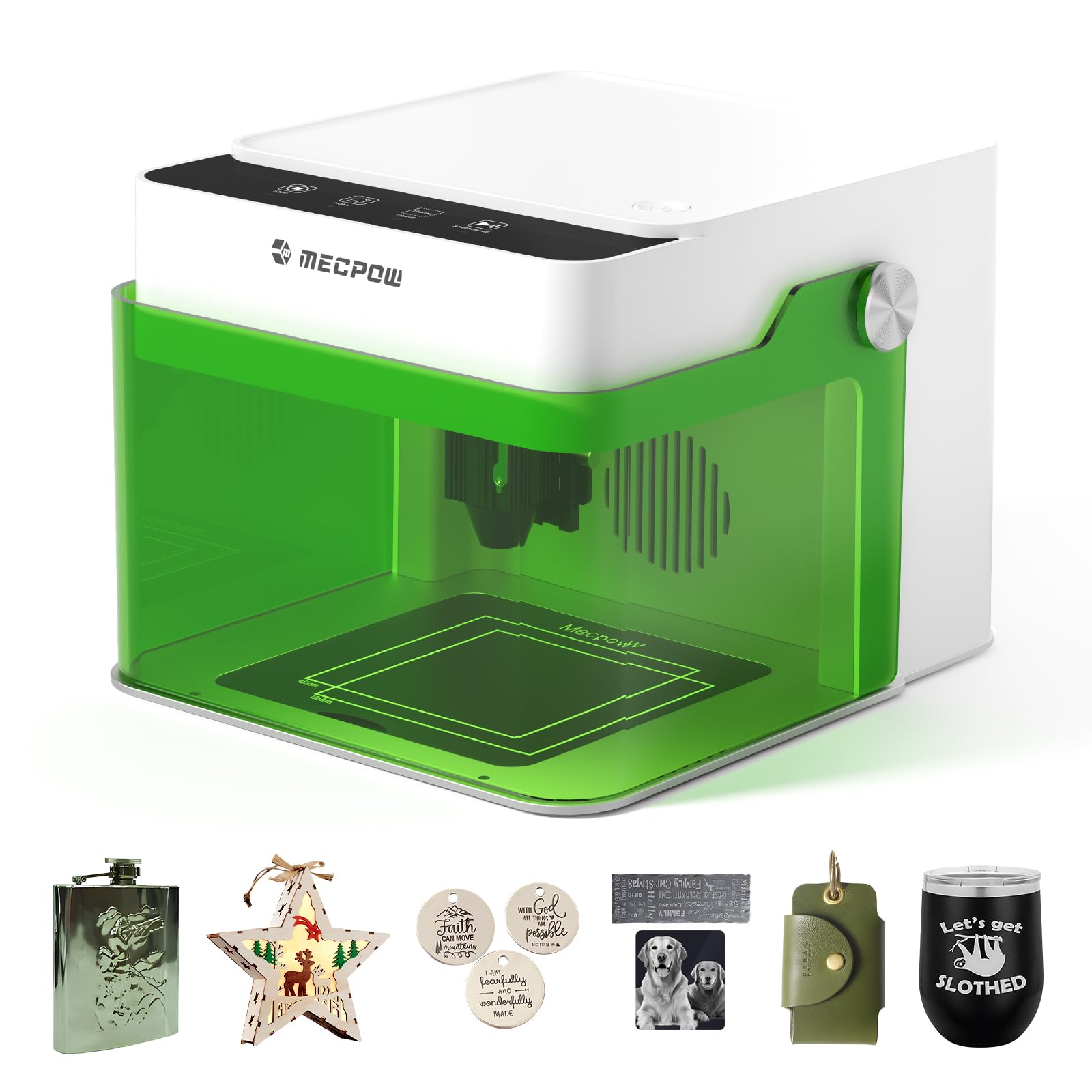 Mecpow M1 Mini Laser Engraver with a piece of wood placed on the engraving platform.