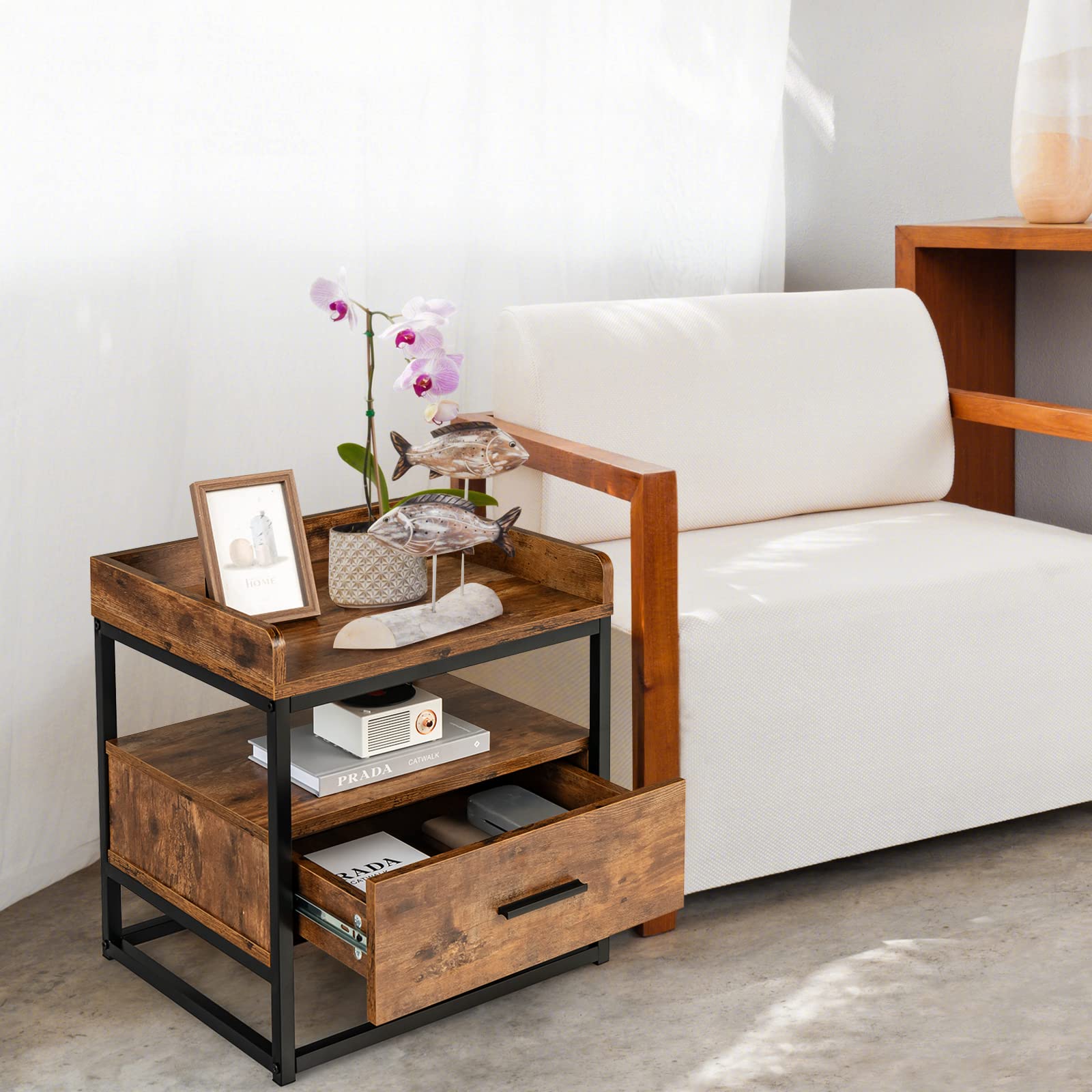 LIFEZEAL Houten nachtkastje met 2 planken, lage bijzettafel, salontafel