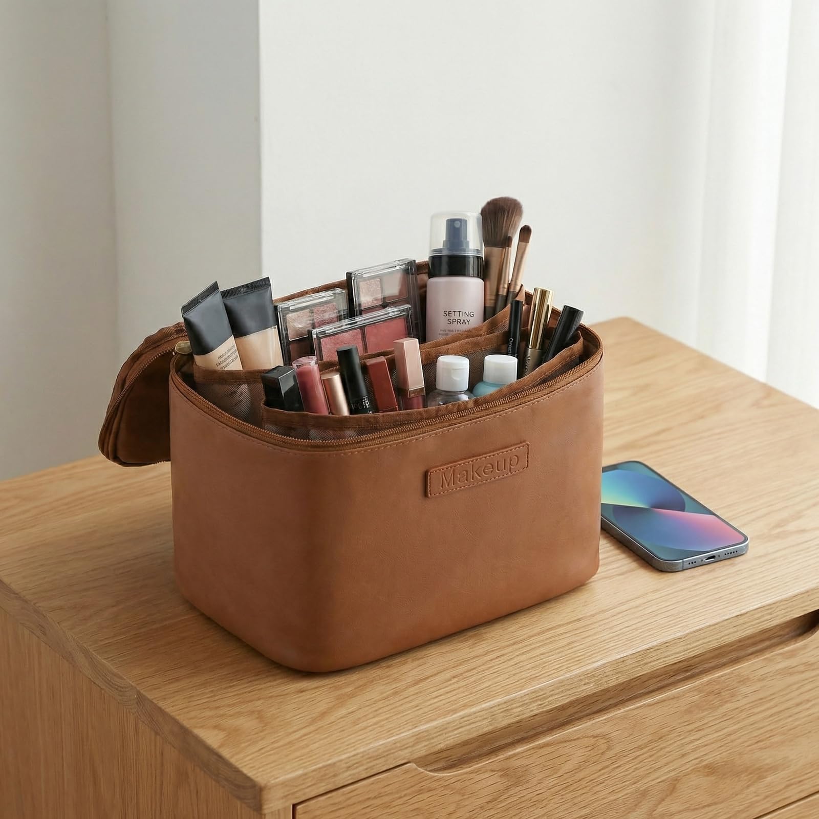 Nivofu Beauty Case Donna, Porta Trucchi Impermeabile in Pelle PU, Trousse Trucchi con Manico e Divisore Rimovibile, Beauty Case da Viaggio di Grande Capacità per Donne e Ragazze, Marrone