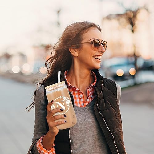 Miniatura 5 de Taza de vidrio inicial, regalos para mujeres, regalos de cumpleaños personalizados para mujeres, vasos de vidrio de 16 onzas con tapas y pajitas,