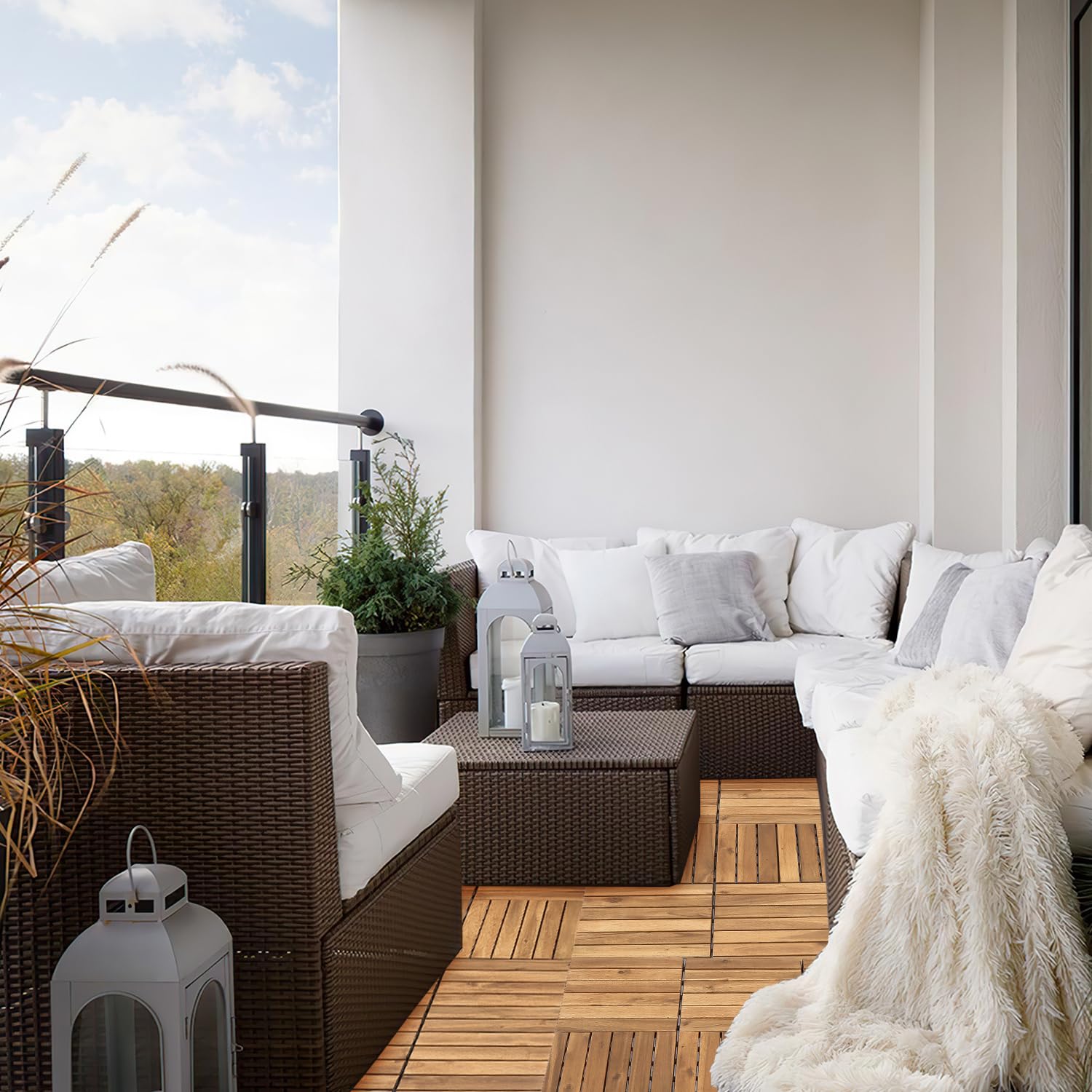 Baldosas de madera para balcón y terraza, madera de acacia, 30 x 30 cm, con sistema de drenaje, 6 láminas de 55 unidades (5 m²), revestimiento de suelo para exteriores, resistente a la