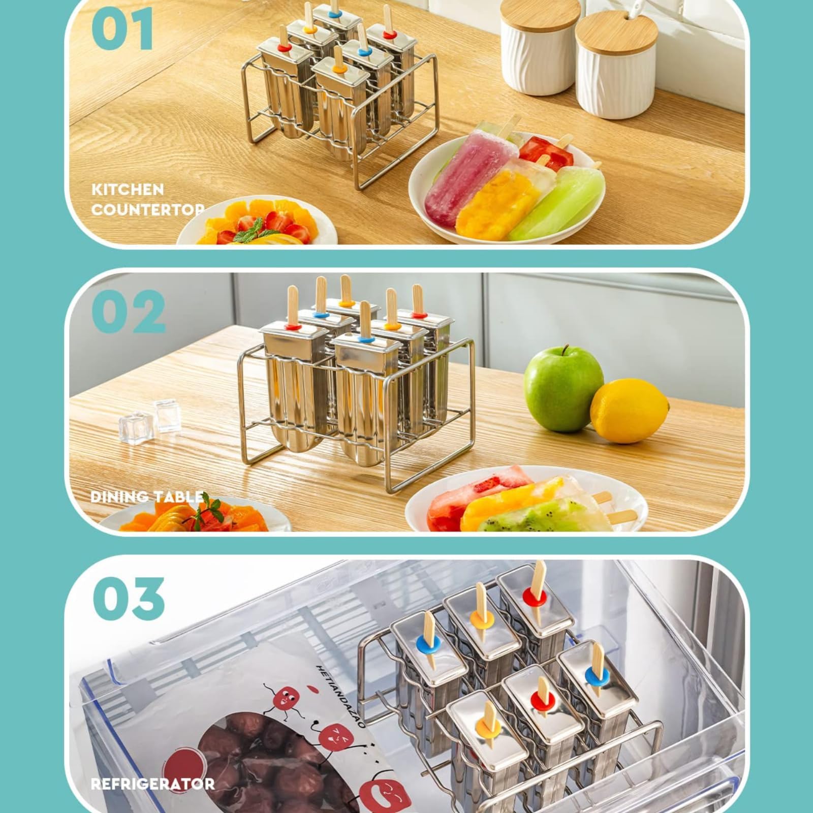 Moldes para helados de acero inoxidable 304, antifugas, juego de moldes con varillas de madera y base de metal, máquinas de hielo reutilizables para niños y familia (6 moldes + 50 tallos)