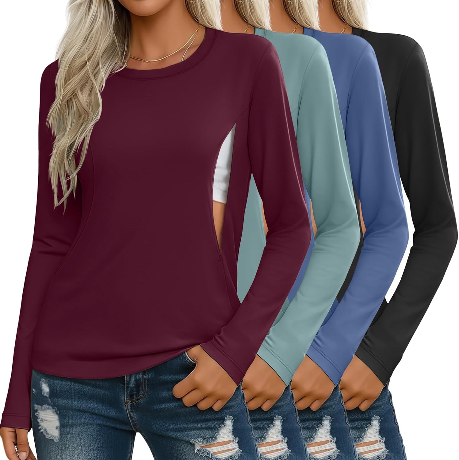 Sweetyweee 4 Pack Women's Nursing Breastfeeding Tops, Long Sleeve Maternity Shirts Loose Fit Hidden Zipper Pregnancy Clothes