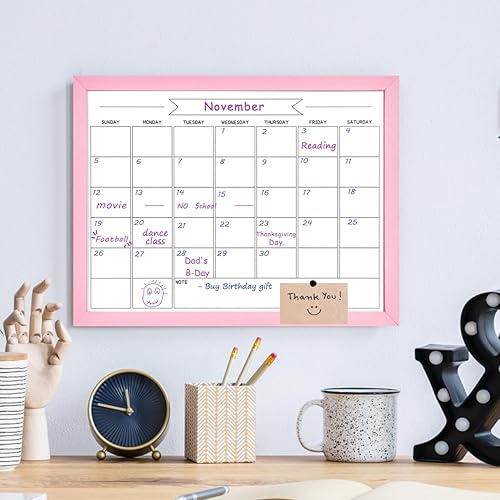 Miniatura 5 de TORASO Tablero de calendario mensual de borrado en seco, pizarra blanca magnética para pared, oficina, escuela, hogar, marco rosa de madera maciza