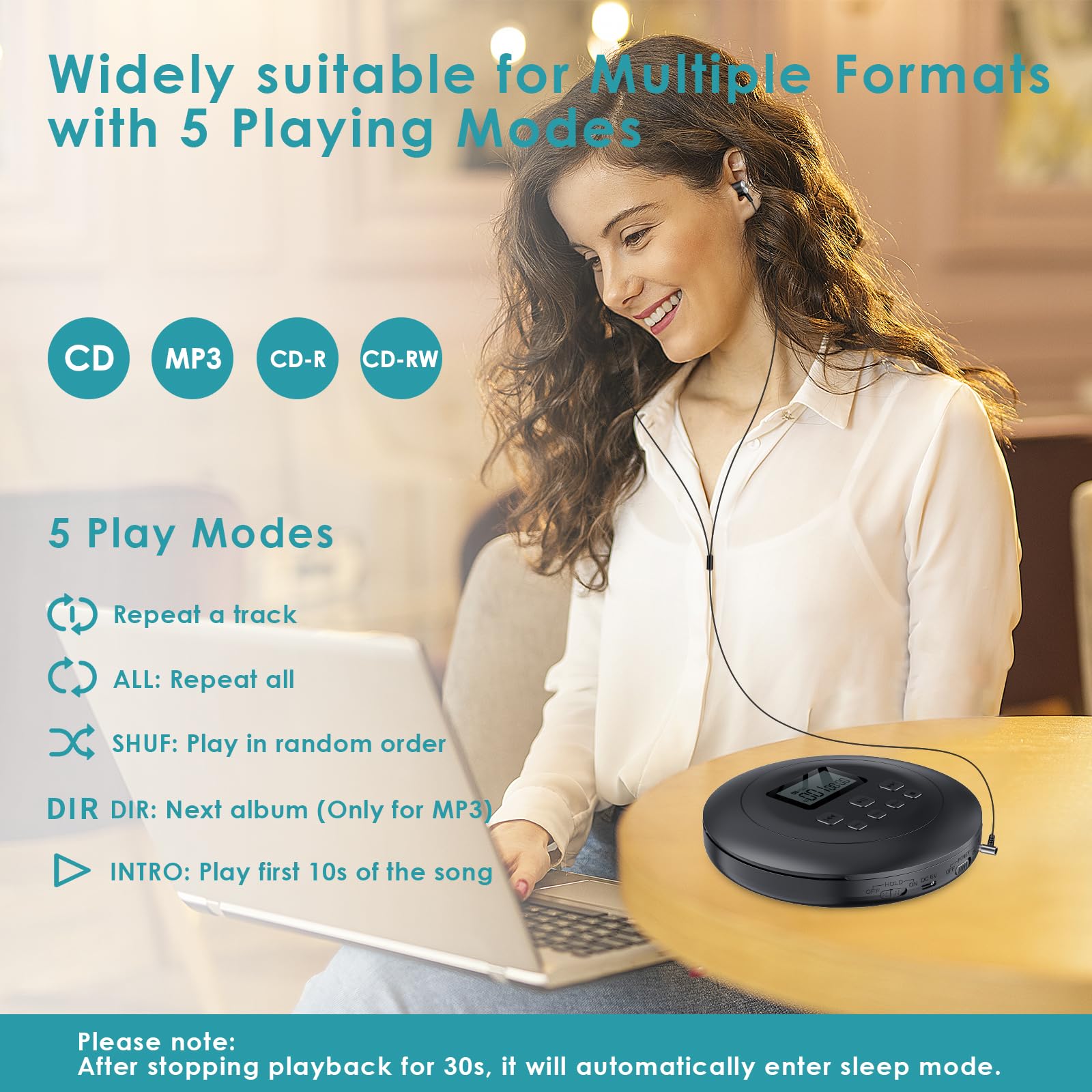 Gueray Reproductor de CD Portatil HiFi con Auriculares Negro