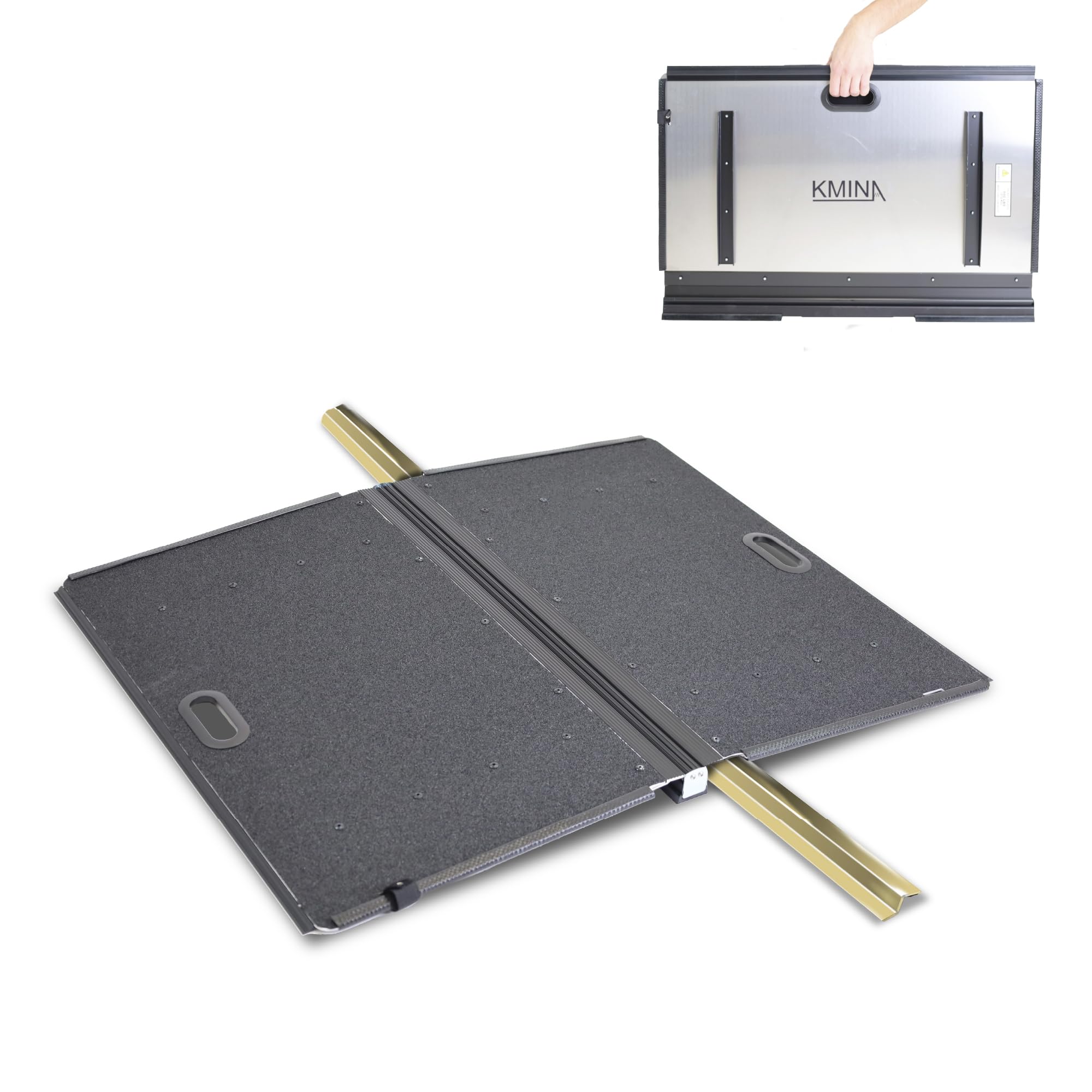 KMINA Rampe de Seuil Amovible Pliable en Aluminium pour Fauteuil Roulant et PMR (Dénivelés 4–5 cm), Surface Antidérapante avec Poignée, 272 kg
