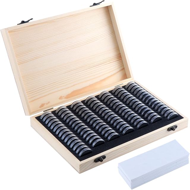 TsunNee 100PCS Coin Holder Case, Wooden Coin Storage Box with Round Coin Capsules, Coin Storage Case with Plastic Coin Organizer for Coin Collectors