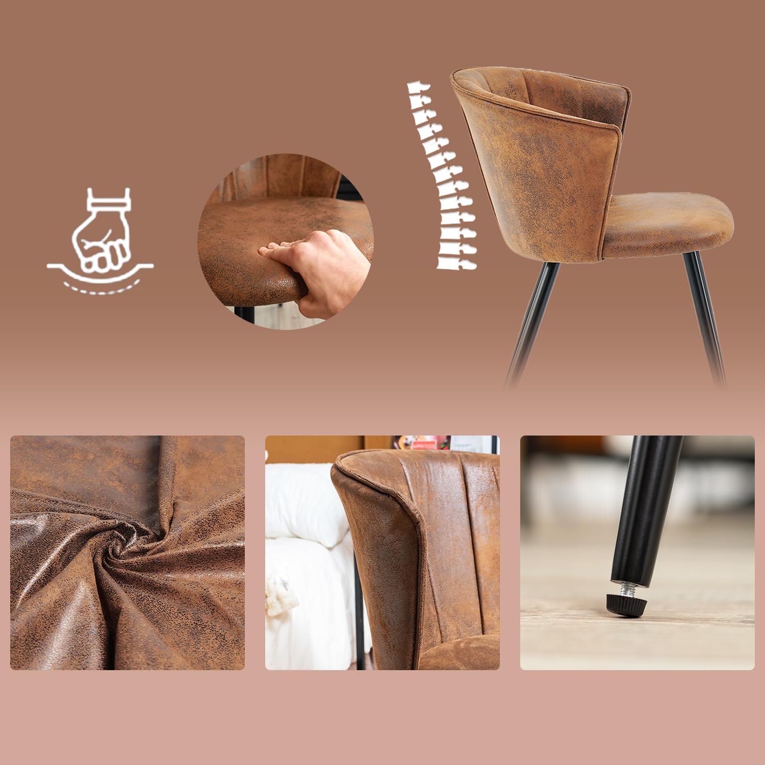 MEUBLE Cosy Juego de 2 Sillas de Comedor Vintage Sillón Tapizado en Gamuza con Reposabrazos Patas Metálicas para Cocina Salón